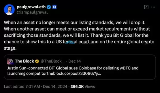 Coinbase下架WBTC遭BiTGlobal起诉!孙宇晨加入战场:双标