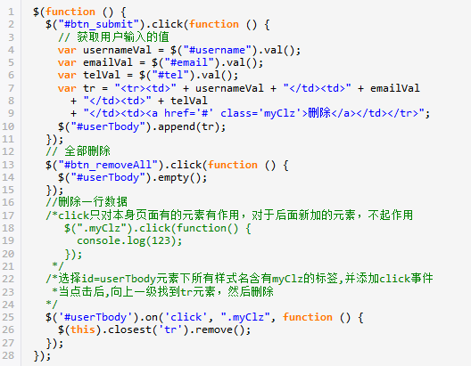 jQuery implements the adding and deleting functions of user information table