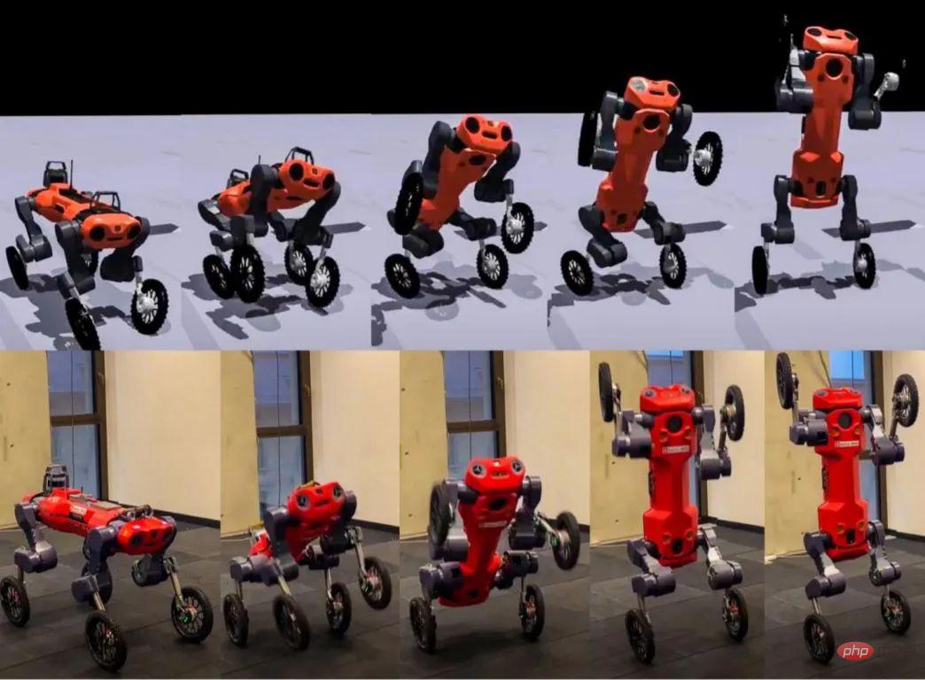 A quadruped robot learns to stand on two legs and walk down stairs! 83% more efficient than legged systems