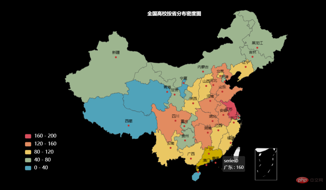 Use Python to display the distribution of colleges and universities across the country