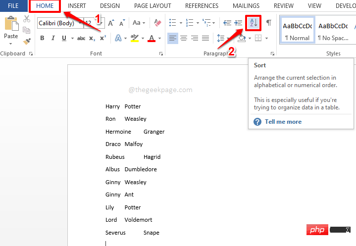 How to sort a list of names alphabetically based on first name and last name in MS Word