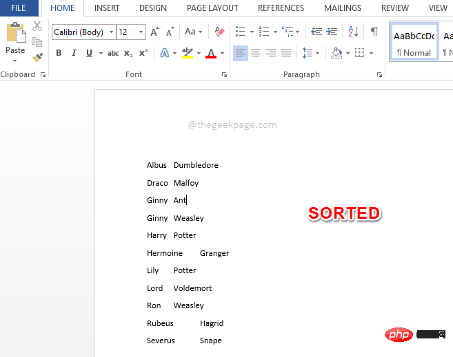 So sortieren Sie eine Namensliste alphabetisch nach Vor- und Nachnamen in MS Word