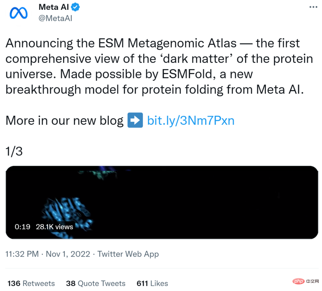 Meta AI는 6억 개가 넘는 메타게놈 단백질 구조 지도를 공개하고 2주 만에 150억 개의 언어 모델을 완성했습니다.