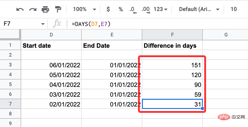 How to calculate the difference between dates on Google Sheets