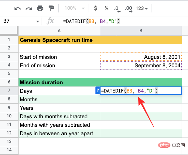 So berechnen Sie die Differenz zwischen Datumsangaben in Google Sheets