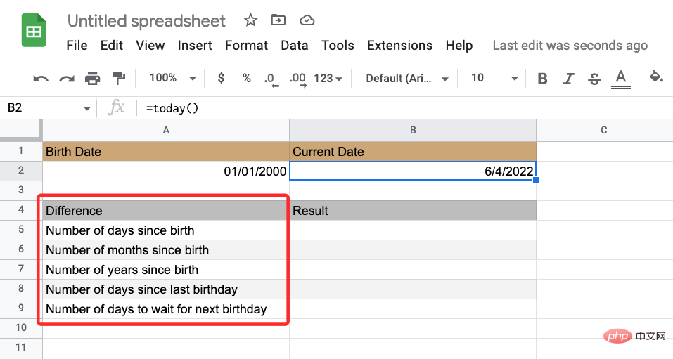 How to calculate the difference between dates on Google Sheets