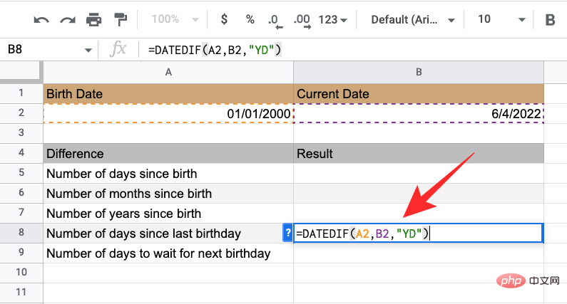 So berechnen Sie die Differenz zwischen Datumsangaben in Google Sheets