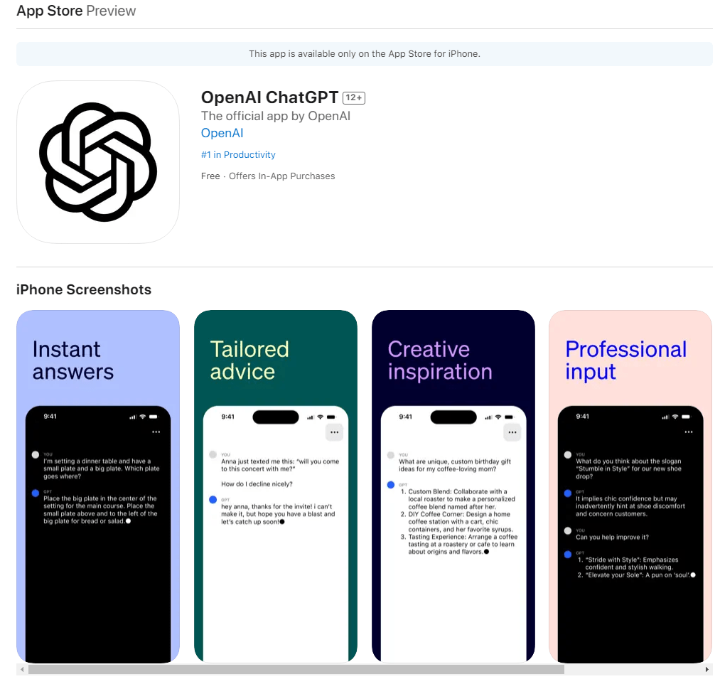 OpenAI 官方 AI 聊天机器人 ChatGPT 上架 App Store
