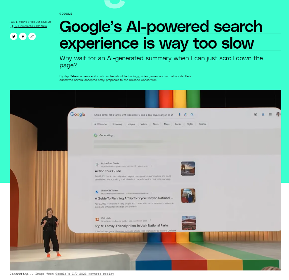 谷歌搜索集成 AI 功能，被吐槽速度慢、回答冗长