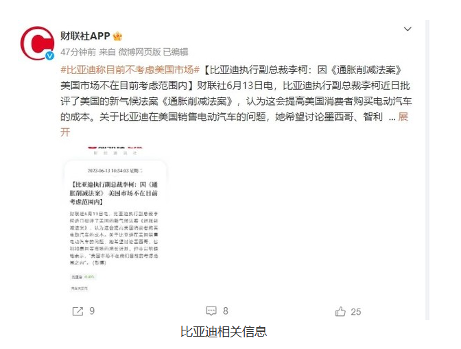 比亚迪董事长再次确认暂无进入美国乘用车市场计划