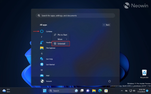 微软发布Windows 11预览版更新，用户可轻松卸载Cortana语音助手