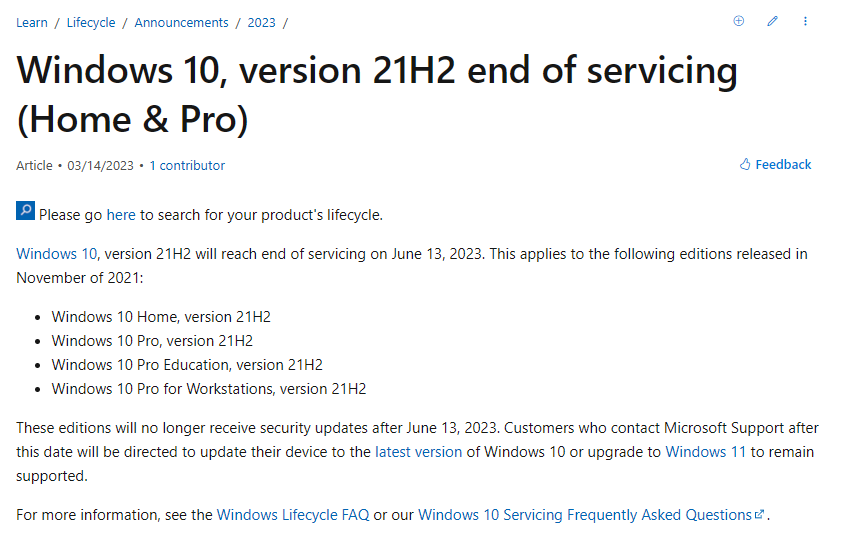 微软宣布终止Windows 10 21H2版本服务，之后不再接收安全更新