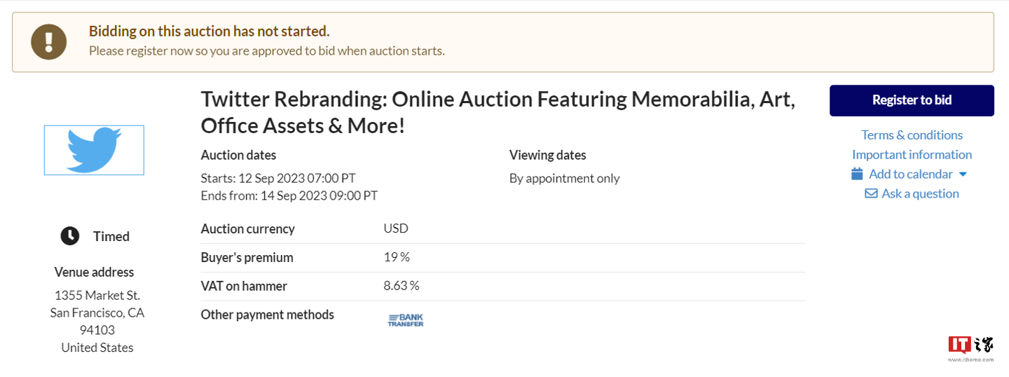 马斯克拍卖 Twitter 相关物品:告别过去的标志、办公家具和设备