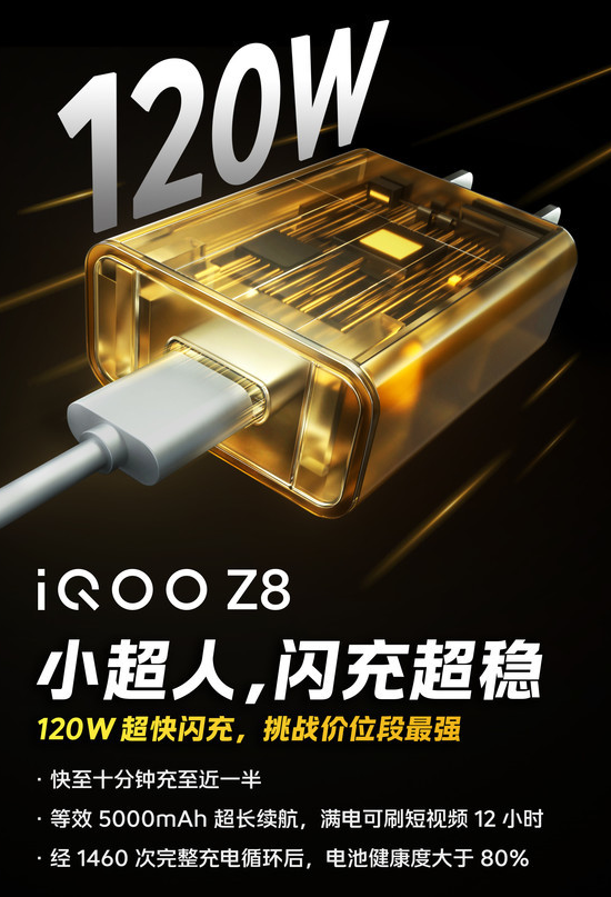 iQOO Z8：快速充电，电池健康度超80%，10分钟即可充电一半电量