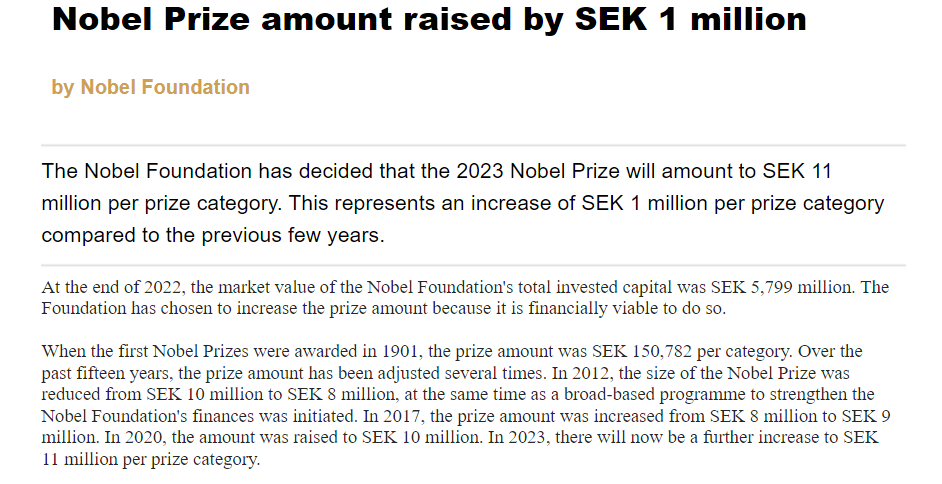 瑞典克朗大幅贬值，诺贝尔基金宣布将今年诺奖奖金增加 100 万