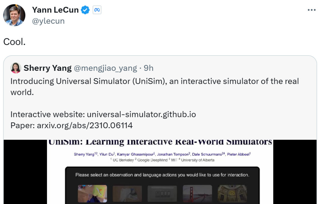 生成模型构建交互式现实世界模拟器，LeCun觉得非常酷
