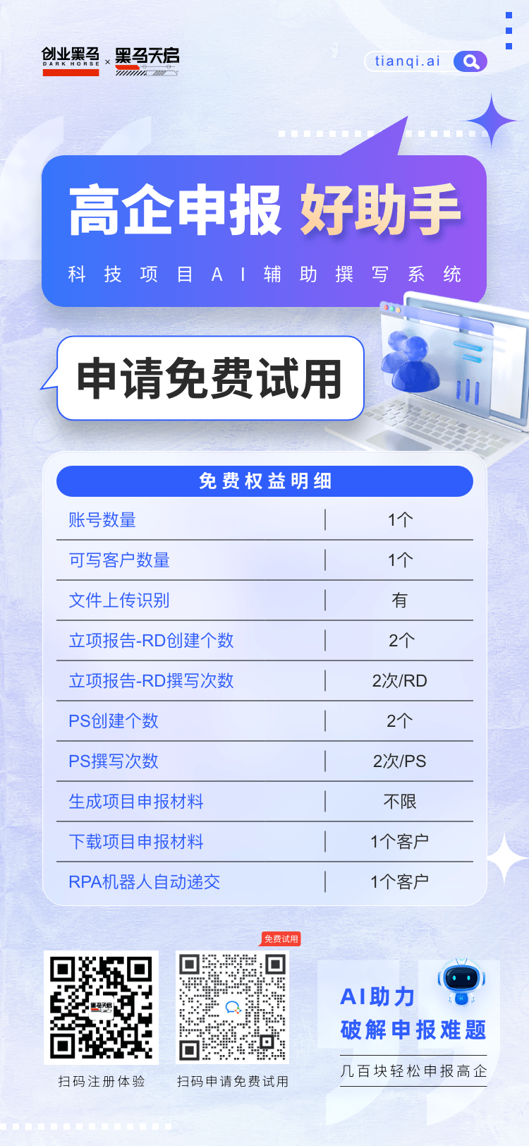 【限时免费】黑马天启科创大模型专享试用会员，AI 工具+全流程专业服务，助您轻松高效完成申报！