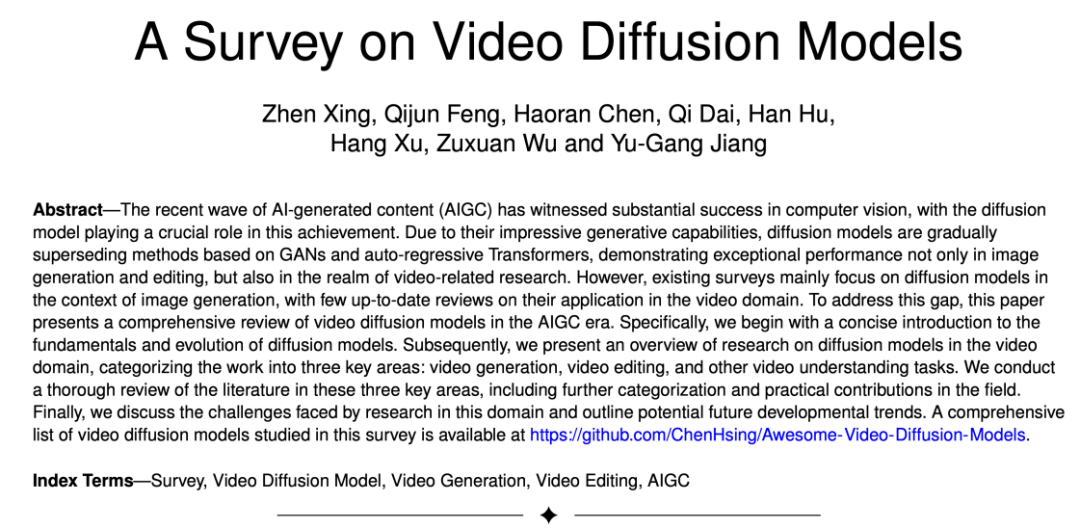 In der AIGC-Ära veröffentlichten Fudan und andere Teams die erste Überprüfung des Videodiffusionsmodells auf diesem Gebiet