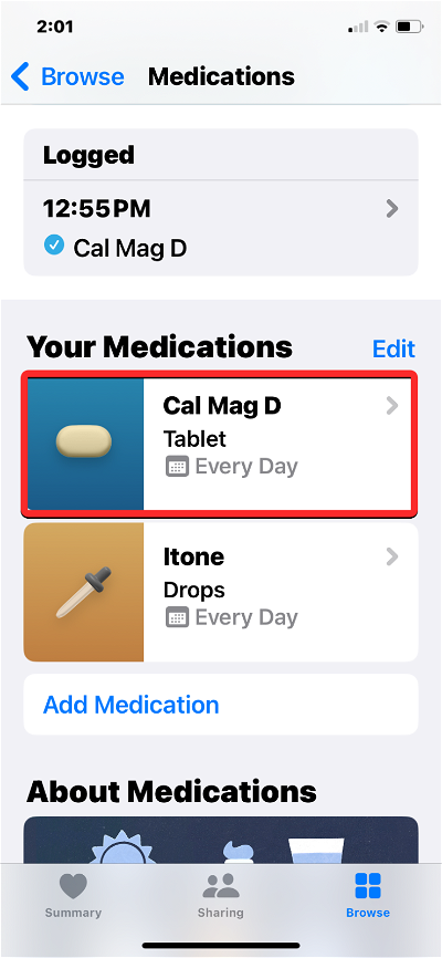 How to view your medication log history in the Health app on iPhone