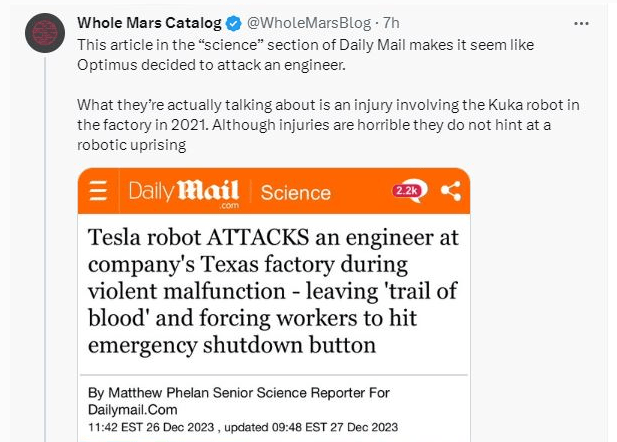 马斯克回应“特斯拉工厂被曝机器人袭击工程师”：媒体真无耻！