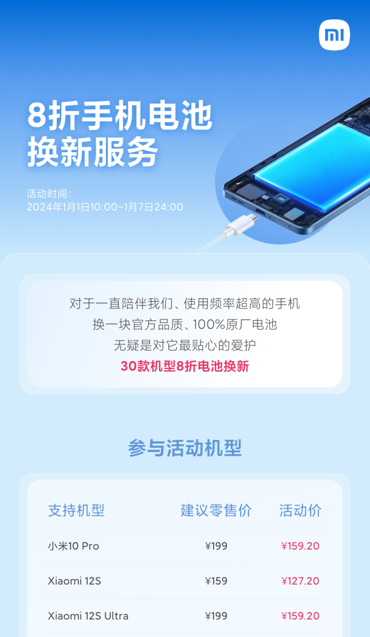 小米公布 9 项限时服务权益：部分机型换电池、外屏碎维修 8 折