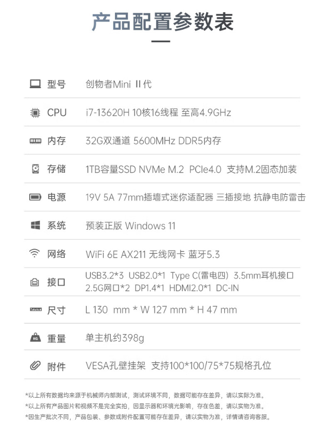 机械师创物者 MINI II 主机新品上架预约：i7-13620H+32G，首发价 3299 元