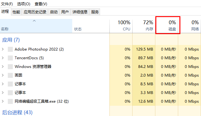 Disk utilization reaches 100% in laptop task manager