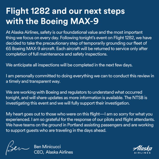 美国阿拉斯加航空宣布停飞 65 架波音 737 MAX 9 飞机，进行安全检查