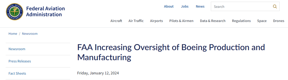 受 737 MAX 9 舱门脱落影响，美国联邦航空局宣布对波音的生产全面审查