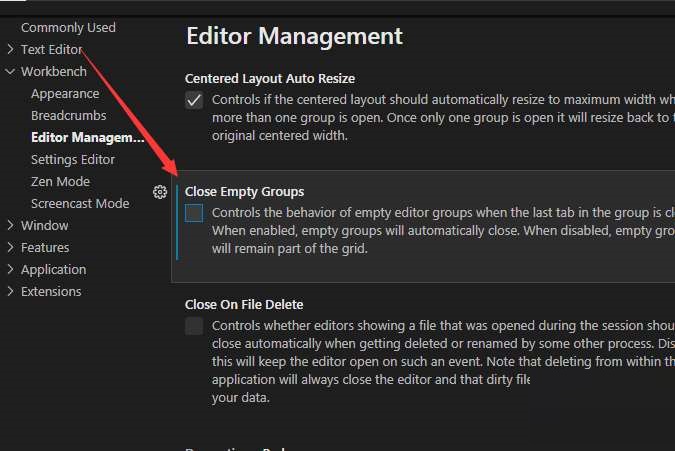 How to close empty groups in VSCode