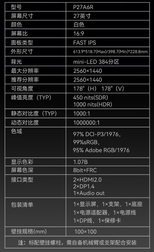 泰坦军团上架 P27A6R 27 英寸显示器：mini-LED、2K 180Hz，售 1999 元