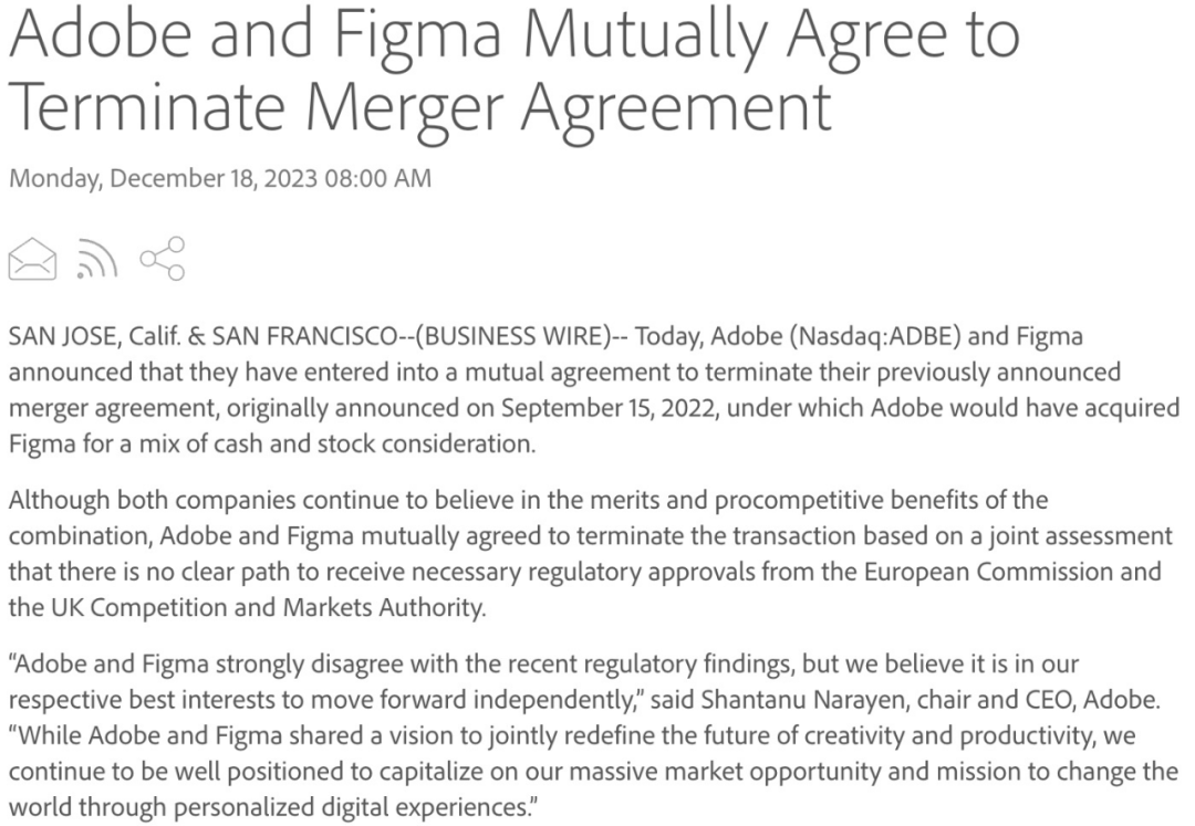 Adobe终止200亿美元收购Figma计划：监管阻力难克服