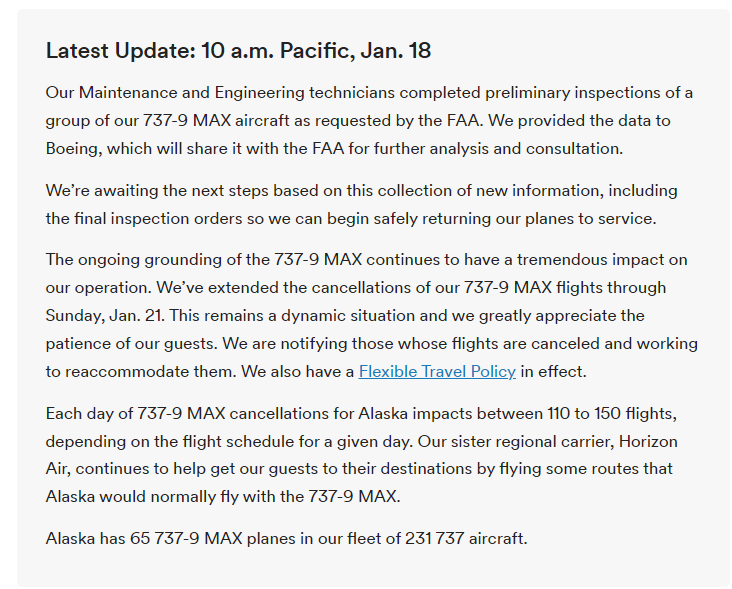 美国阿拉斯加航空继续停飞波音 737 MAX 9 至 21 日，每天影响 110 到 150 个航班