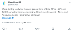 为未来 CPU 做准备，英特尔 Clear Linux 将获 AVX10、APX 指令集编译二进制文件