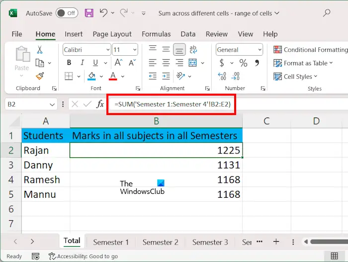 How to sum cells in multiple worksheets in Excel