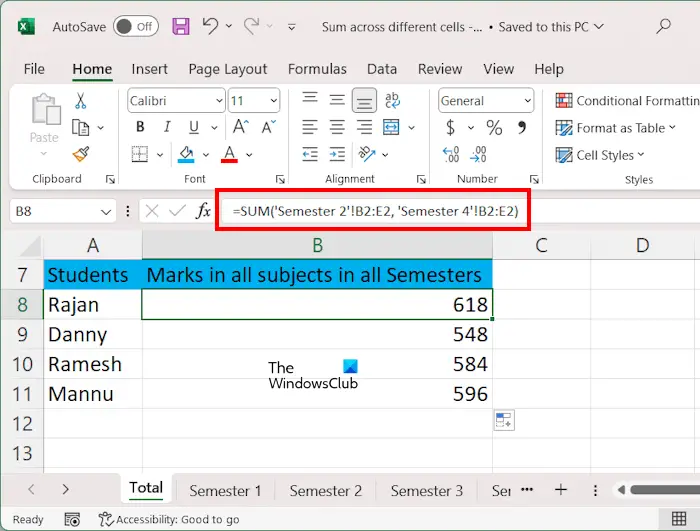 How to sum cells in multiple worksheets in Excel