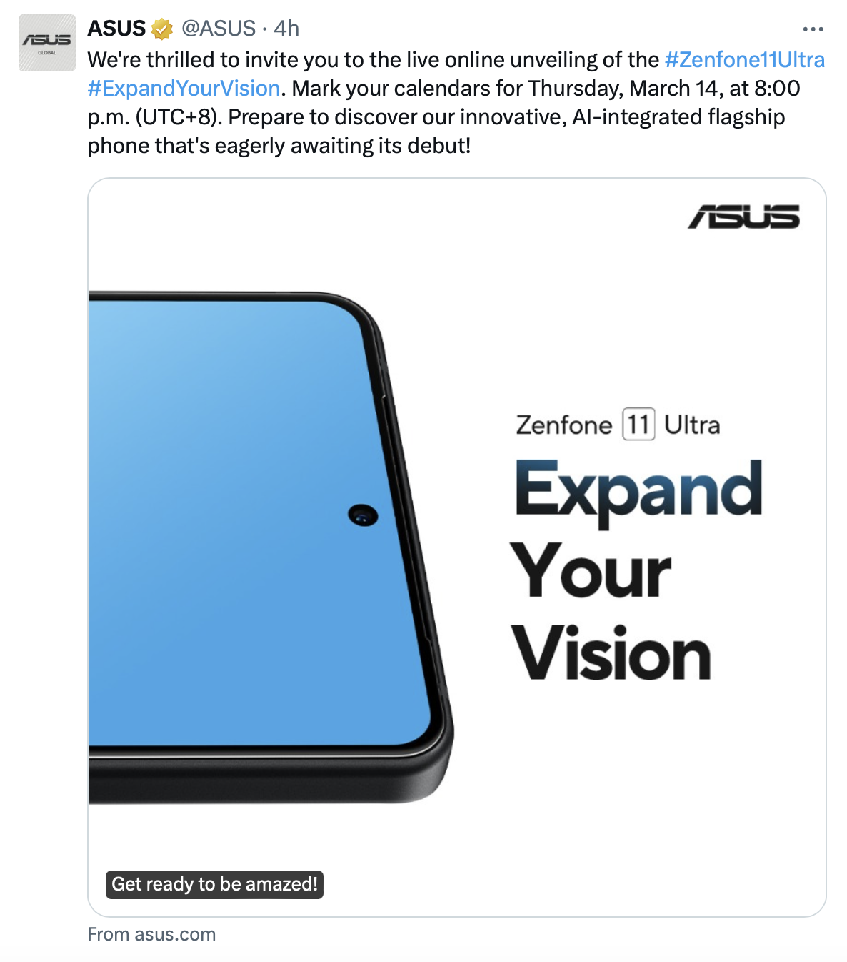 华硕 Zenfone 11 Ultra 手机官宣 3 月 14 日发布:高通骁龙 8 Gen 3、6.78 英寸 144Hz AMOLED 屏