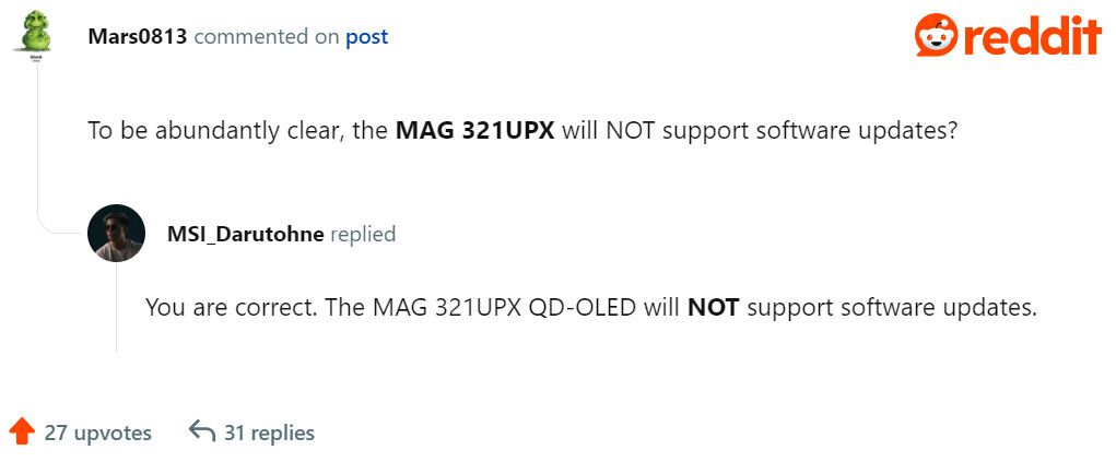 微星确认 MAG 321UPX QD-OLED 显示器不支持固件更新