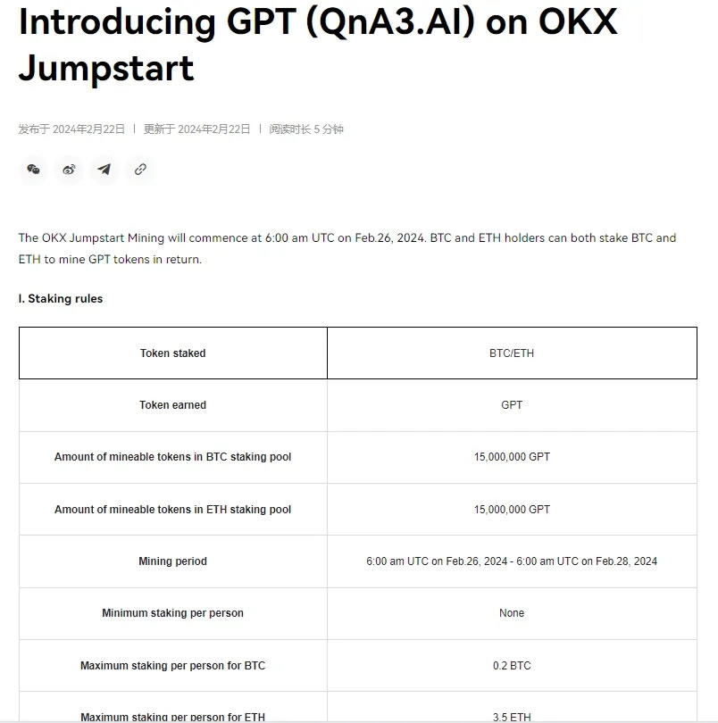 OKX Jumpstart上线新项目GPT（QnA3.AI）