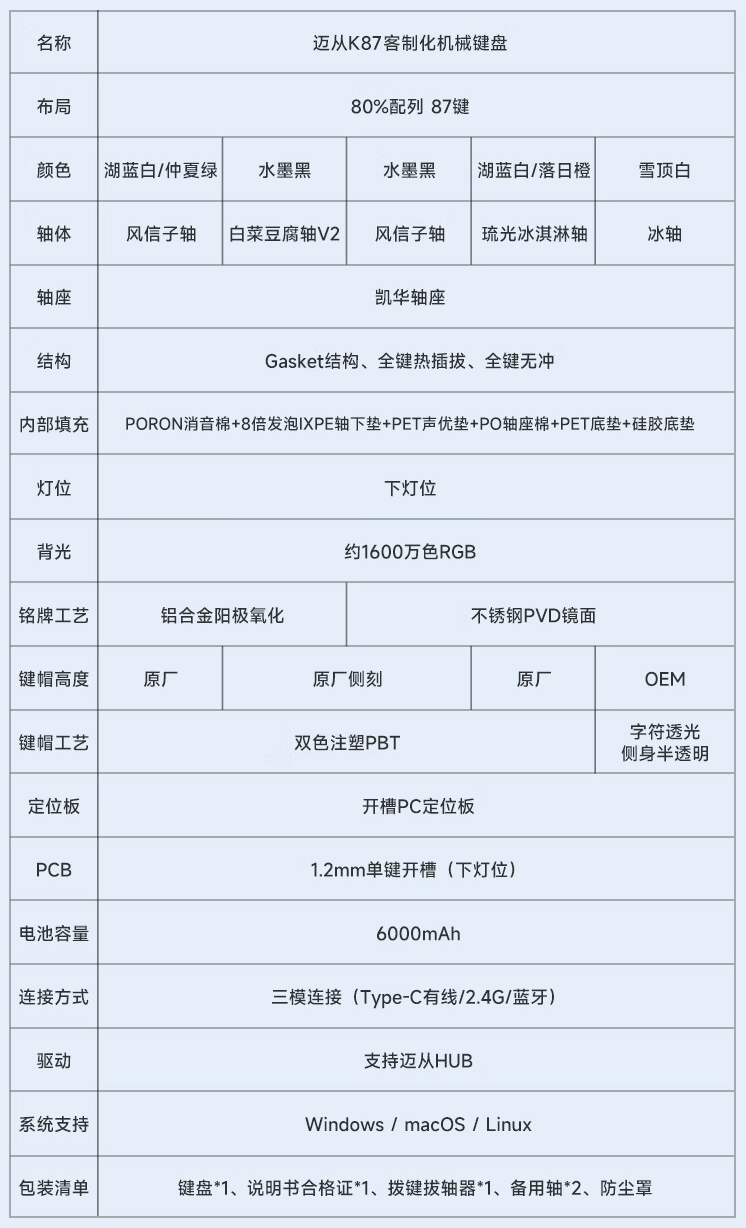 迈从推出 K87 三模机械键盘：Gasket 结构、87 键 80% 配列，首发价 299 元