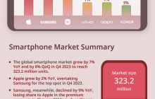 2023Q4 全球手机出货量报告：苹果 23% 第一、三星 16% 第二、小米 13% 第三、vivo 7% 第四、OPPO 7% 第五