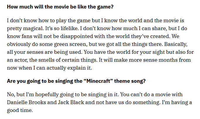 Danielle, actress of the big movie Minecraft said: Fans will not be disappointed