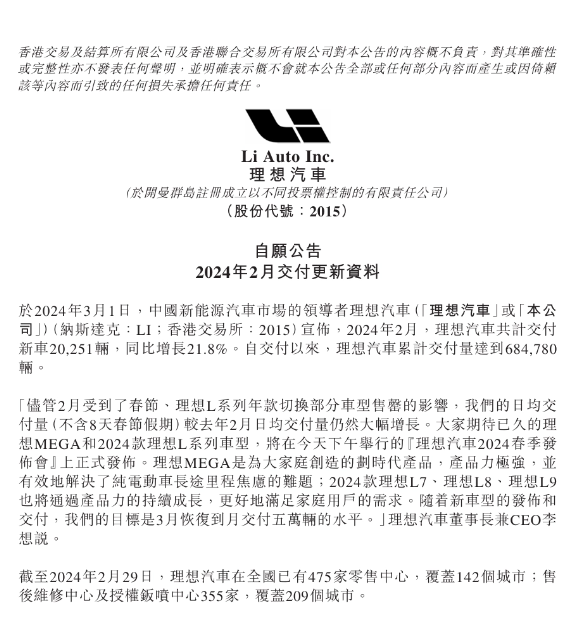 Li Auto의 2월 납품량은 전년 동기 대비 21.8% 증가했으며, 누적 납품량은 68만 대를 돌파했습니다.