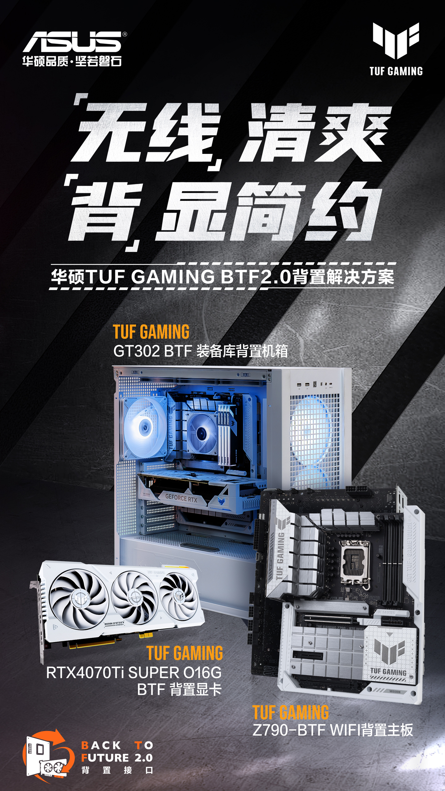 华硕推出 BTF 2.0 背插新品:含 Z790 主板、RTX 4070Ti Super 显卡、TUF GT302 背置机箱