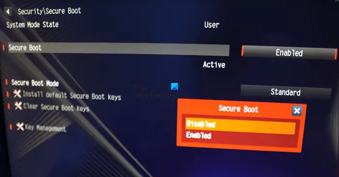 Secure boot can be enabled when the system is in user mode