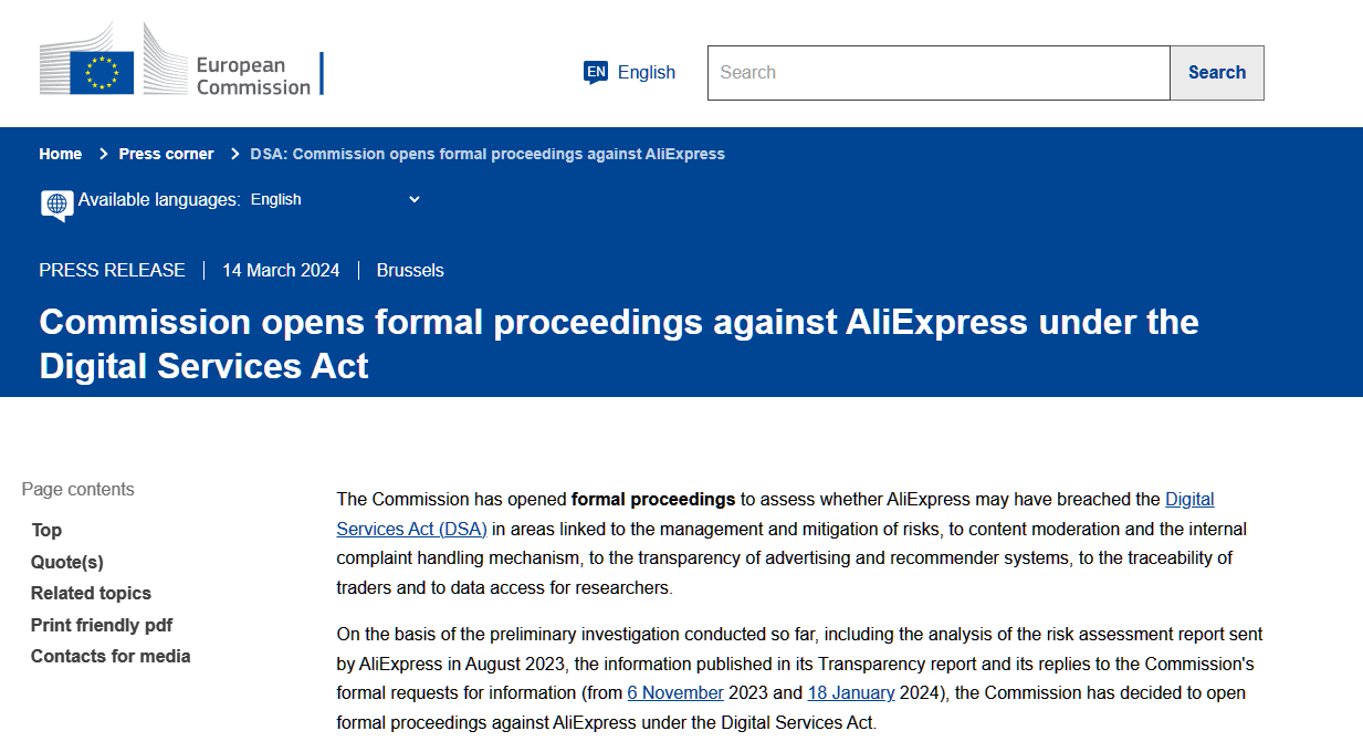 The European Commission launches a formal investigation into AliExpress to assess whether it violated the Digital Services Act