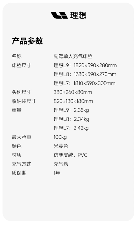 理想汽車推出副駕單人充氣床墊，2分鐘快速充氣，499元享舒適出行