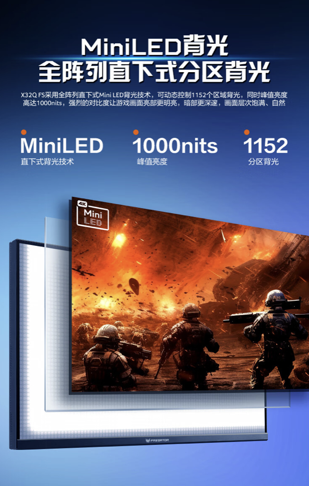 宏碁掠夺者 X32Q 31.5 英寸显示器上架：4K 144Hz Mini-LED，首发价 4999 元