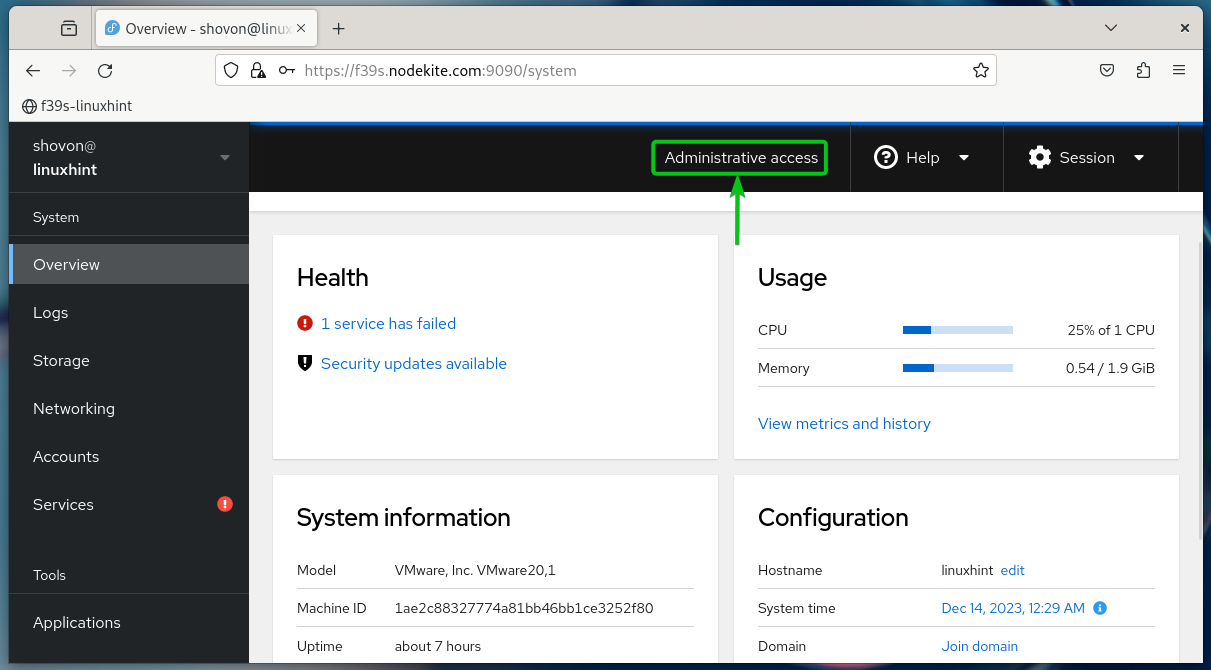 コックピット Web UI から管理アクセスを有効にする方法