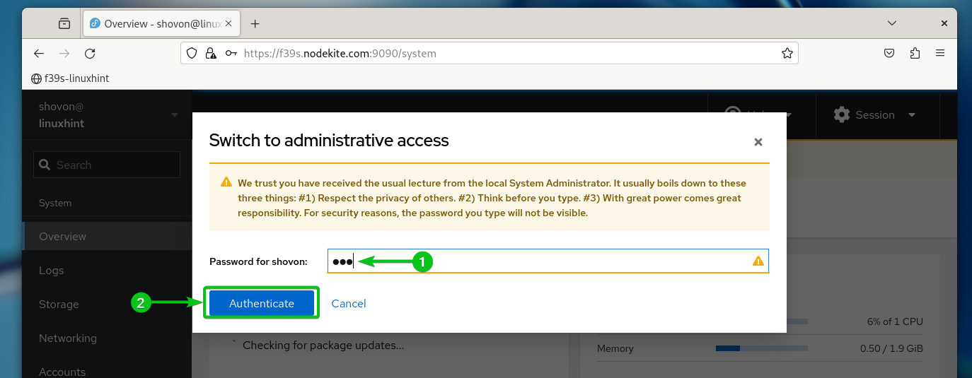 How to enable administrative access from the cockpit web UI